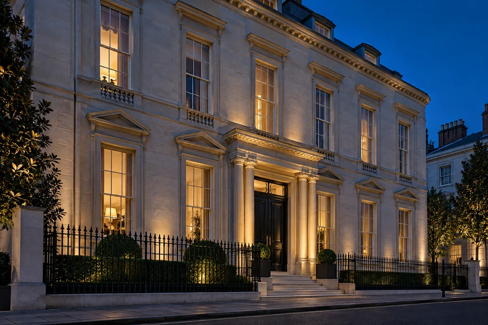 A London residence in the evening.