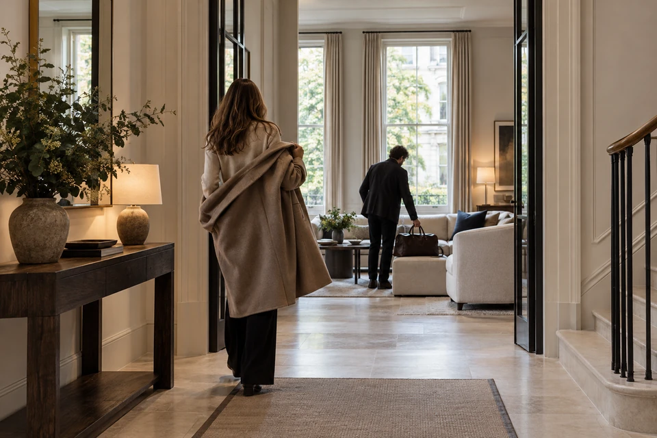 Two people in an entrance hall and sitting room.
