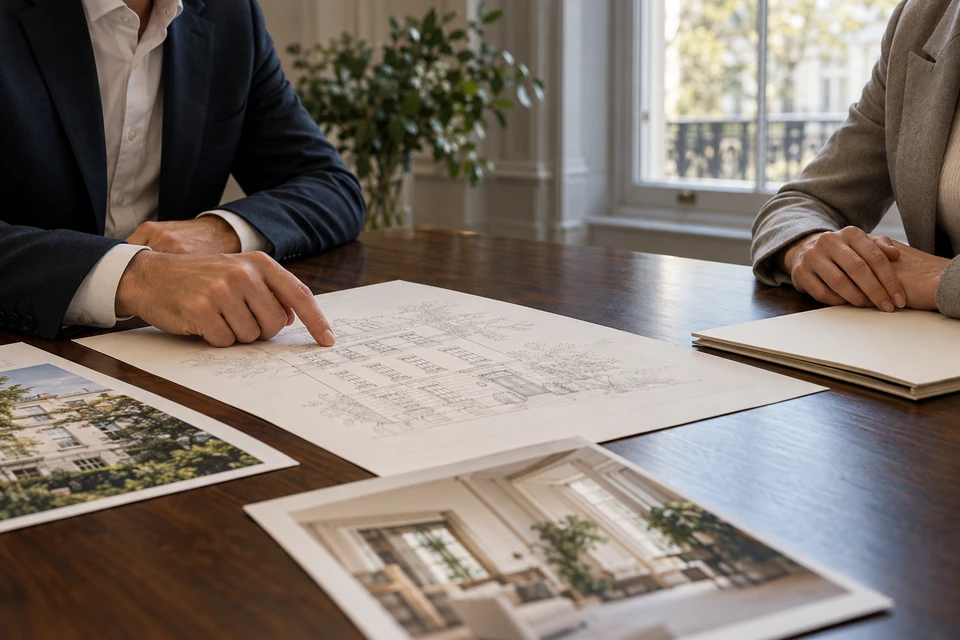 Two people discussing property drawings at a walnut table.