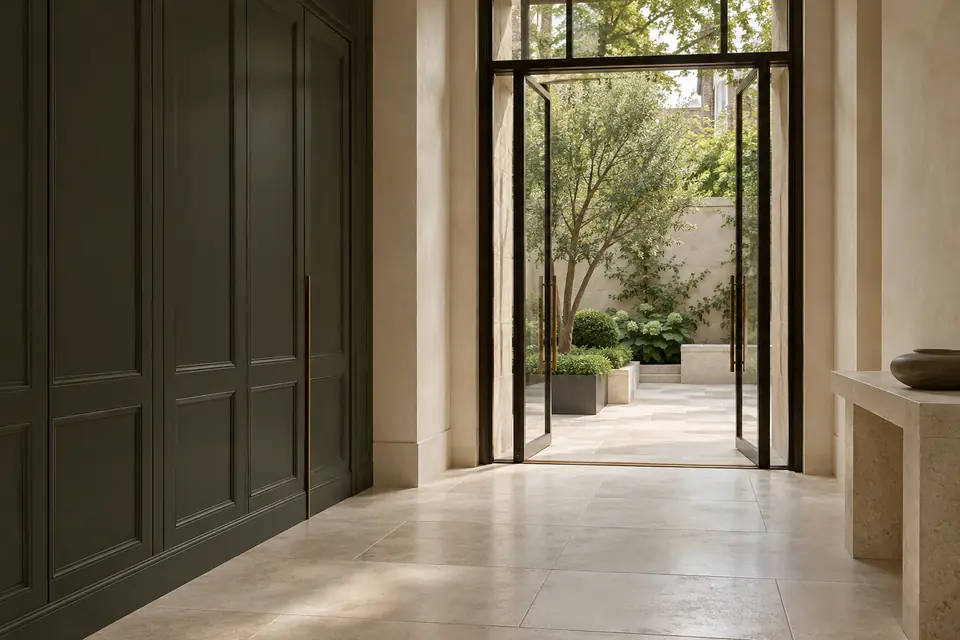 A stone entrance gallery opening to a planted courtyard.