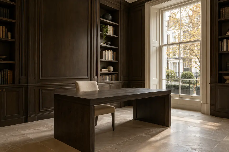 A dark timber study with a writing table and tall sash window.