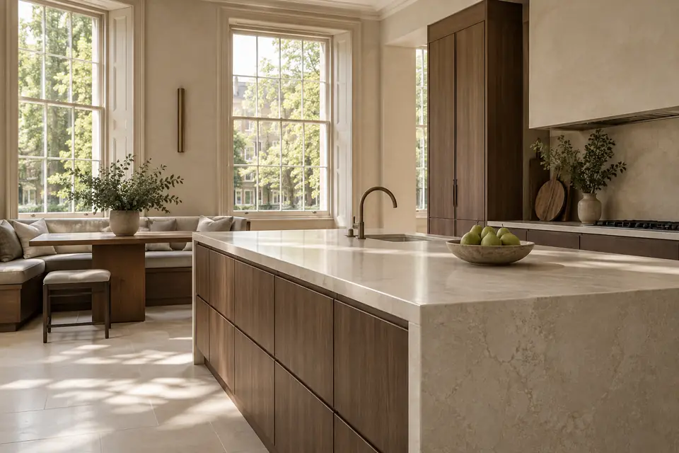 A contemporary kitchen with a pale stone island and tall sash windows.