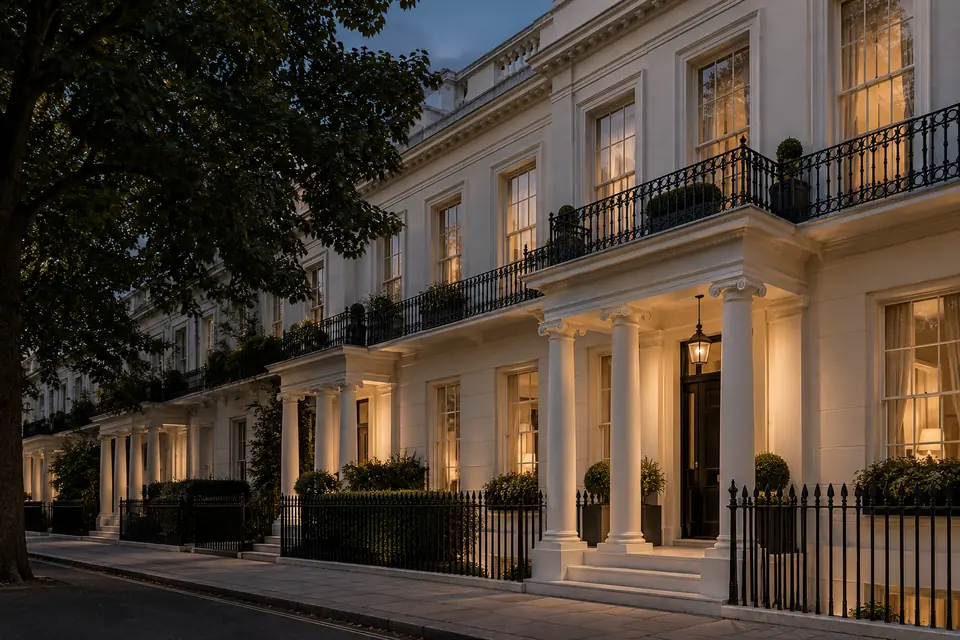 A stucco townhouse terrace with iron balconies in evening light.